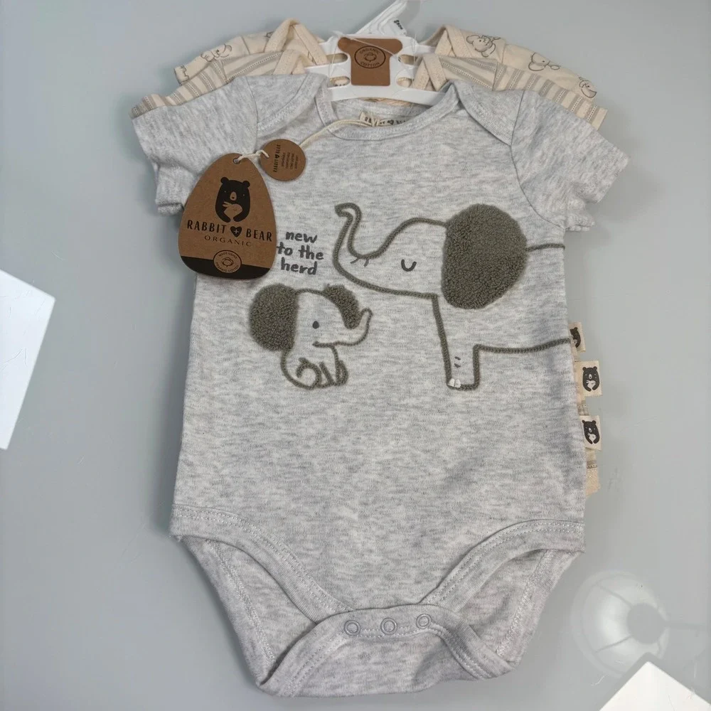Rabbit + Bear Kids 6-9M Gray Elephant Organic Cotton Bodysuit Set 3PK New NWT